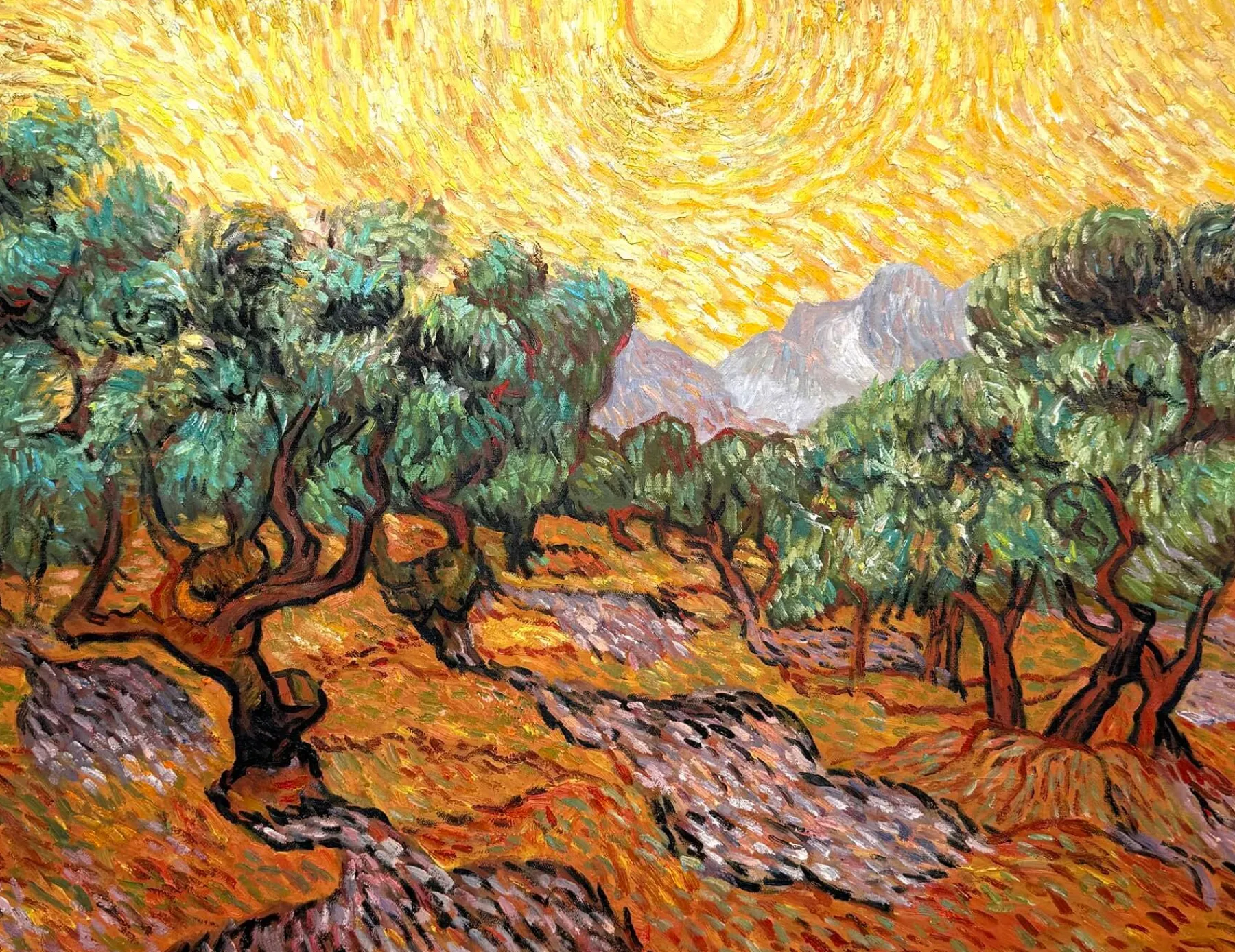 Best Oliviers avec ciel jaune et soleil - Vincent Van Gogh Van Gogh